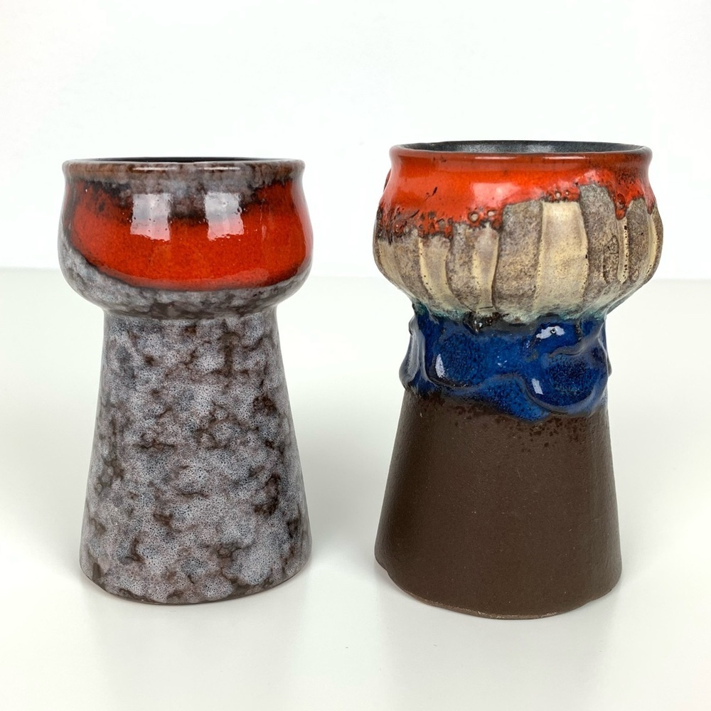 Lot Of 2 Strehla GDR Small Vase Red Brown Blue Vtg Germany Textured German MCM